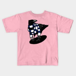 Big Dark Blue and White Scarfed Crow Kids T-Shirt